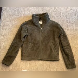 💜🌿North Face Olive Green Fuzzy Fleece Zip Mock Neck Sherpa Sweater Jacket S EUC